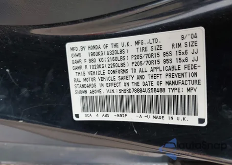 2004 Honda Cr-V Ex from USA, damaged, VIN SHSRD78884U258488